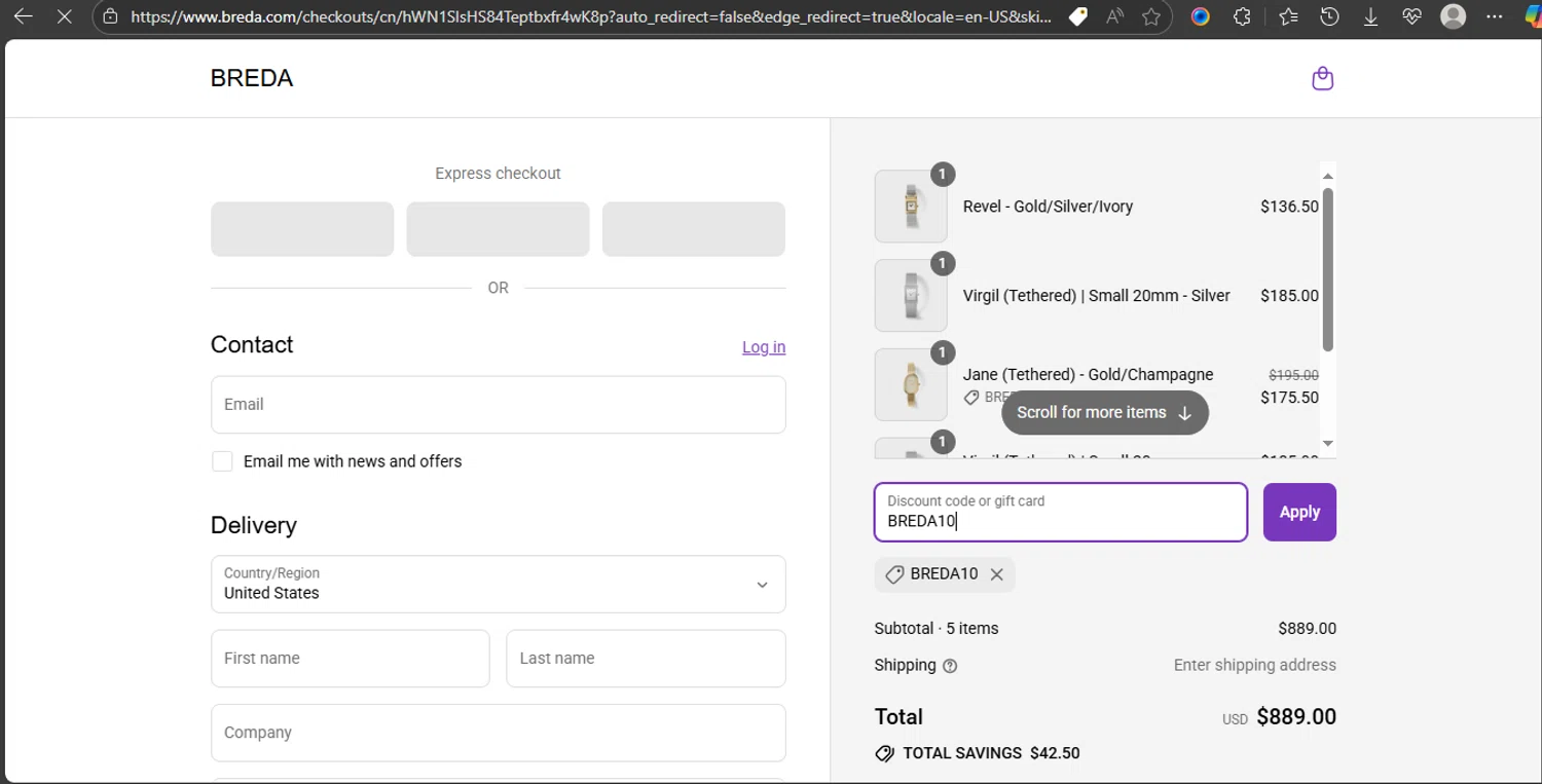 BREDA discount code screenshot showing code BREDA10 applied at BREDA checkout page. Uploaded by SimplyCodes community member omardaal on Aug 5, 2025