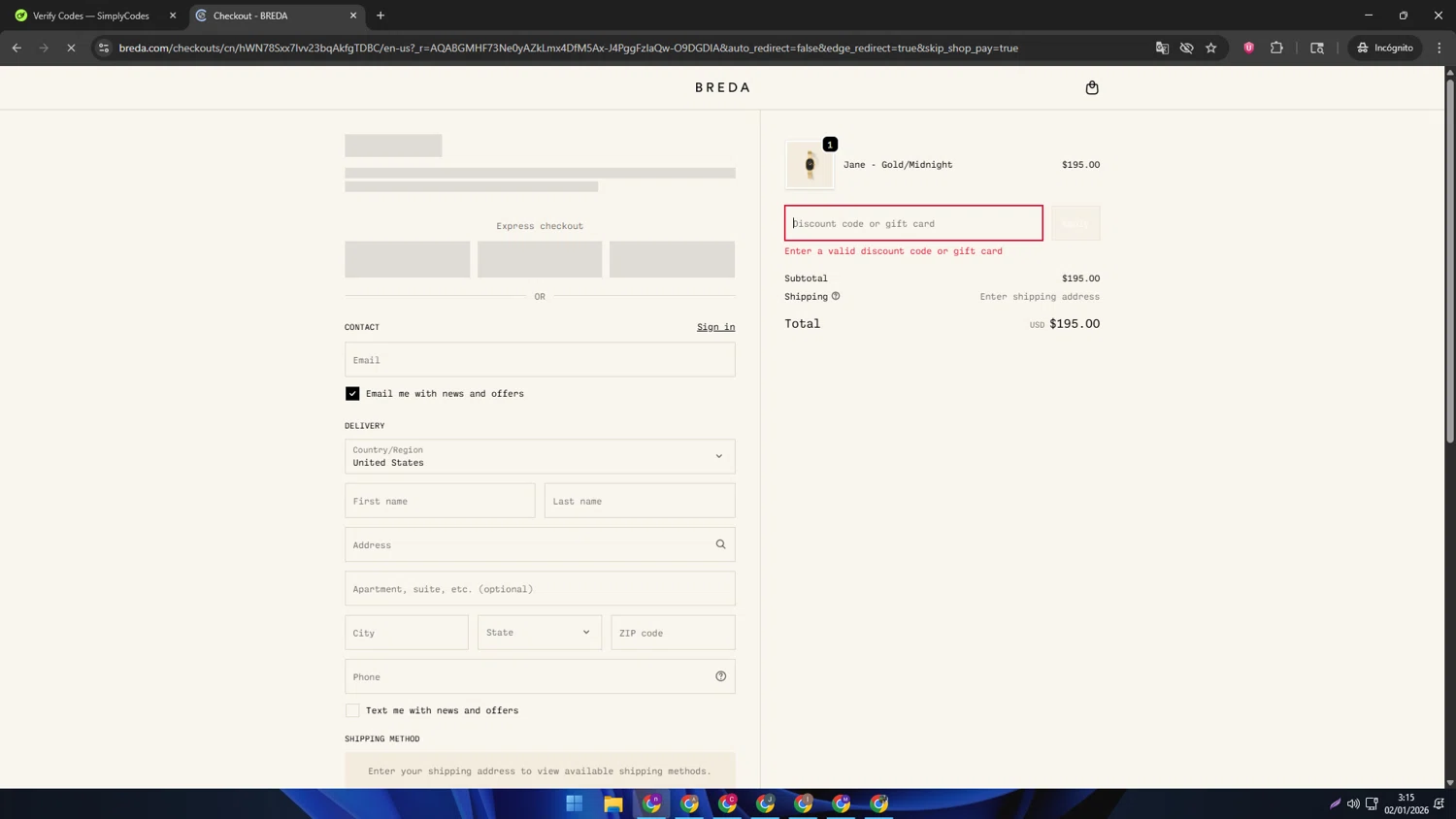 BREDA discount code screenshot showing code BFEARLYACCES applied at BREDA checkout page. Uploaded by SimplyCodes community member AVAMUSTANG on Jan 2, 2026