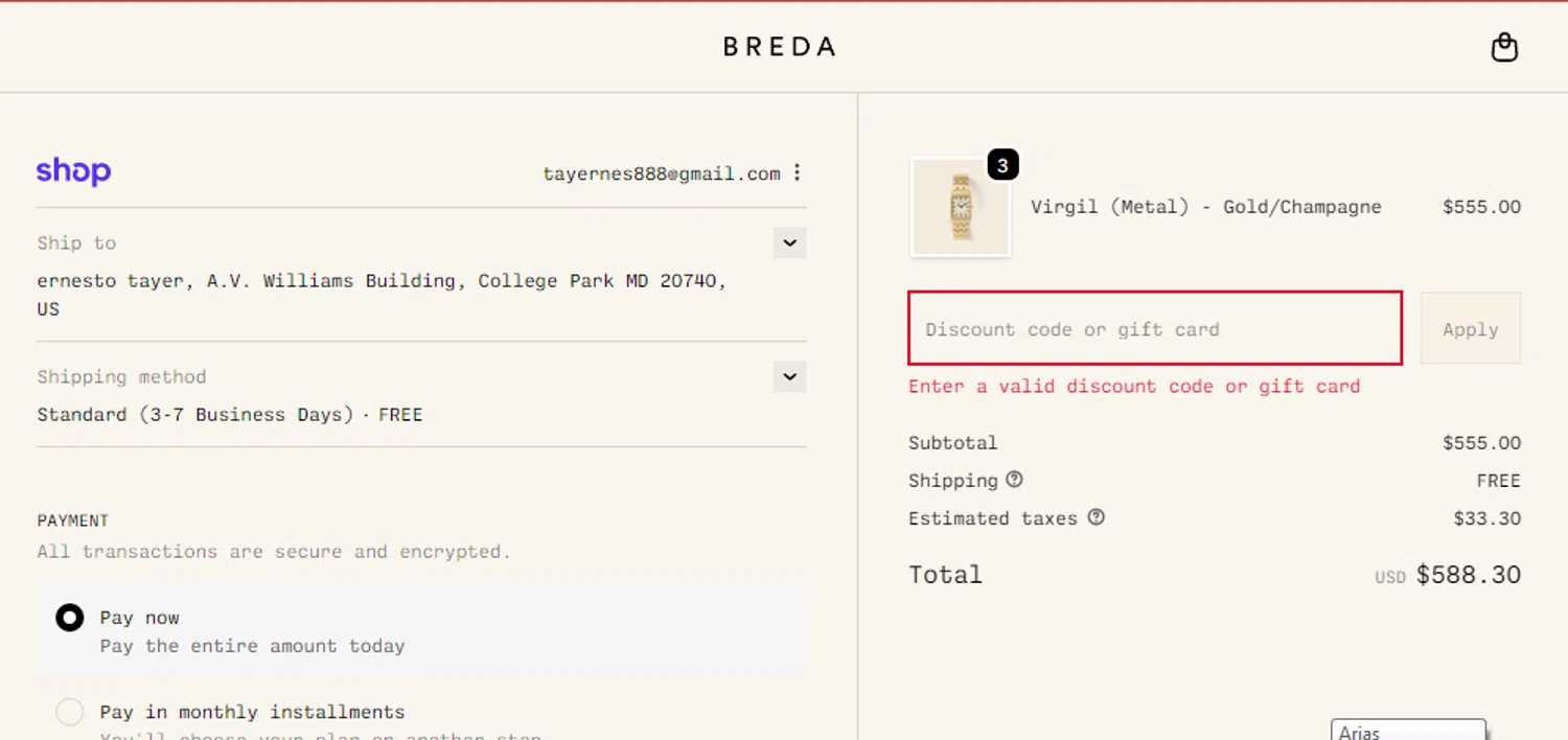 BREDA discount code screenshot showing code BFEARLYACCES applied at BREDA checkout page. Uploaded by SimplyCodes community member moyedosky on Nov 21, 2025