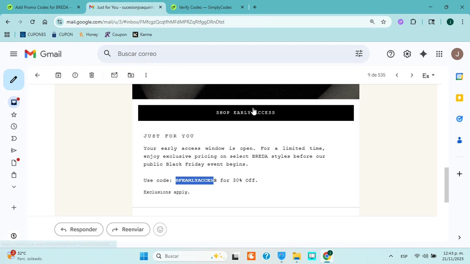 BREDA discount code screenshot showing code BFEARLYACCES applied at BREDA checkout page. Uploaded by SimplyCodes community member ABHF23 on Nov 21, 2025
