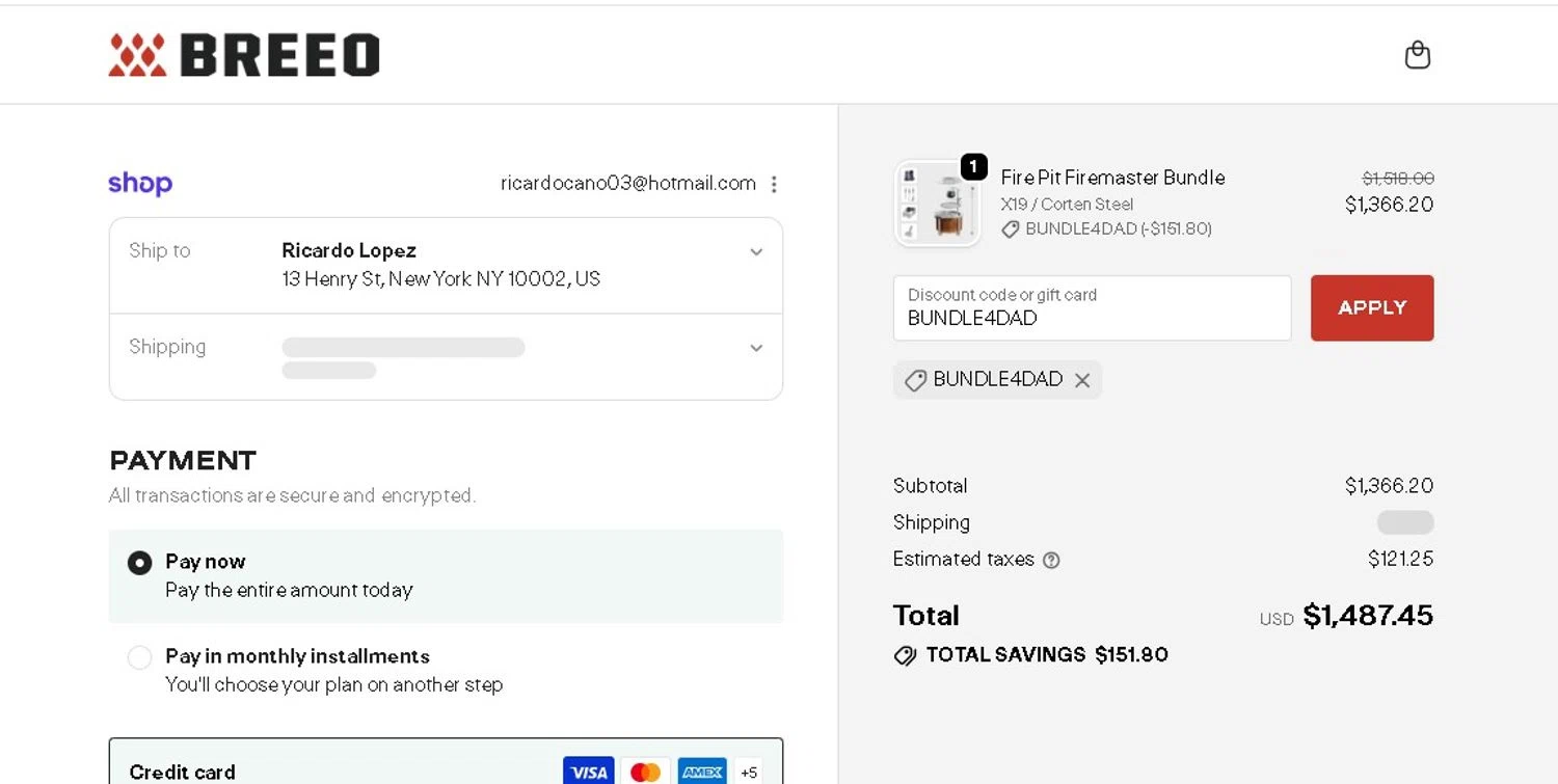 Breeo promo code screenshot showing code BUNDLE4DAD applied at Breeo checkout page. Uploaded by SimplyCodes community member LAMINEJAMAL on Jun 15, 2026