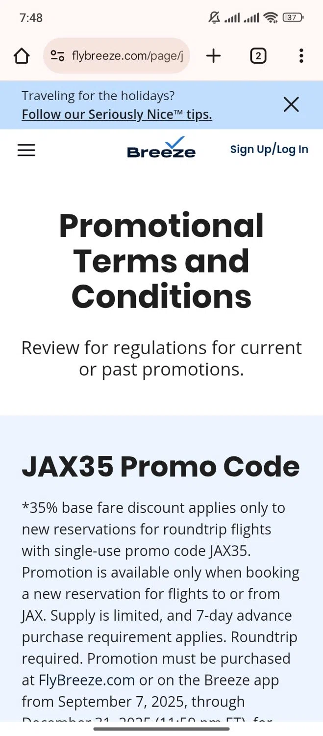 Breeze Airways promo code screenshot showing code jax35 applied at Breeze Airways checkout page. Uploaded by SimplyCodes community member ParisSmith on Dec 21, 2025