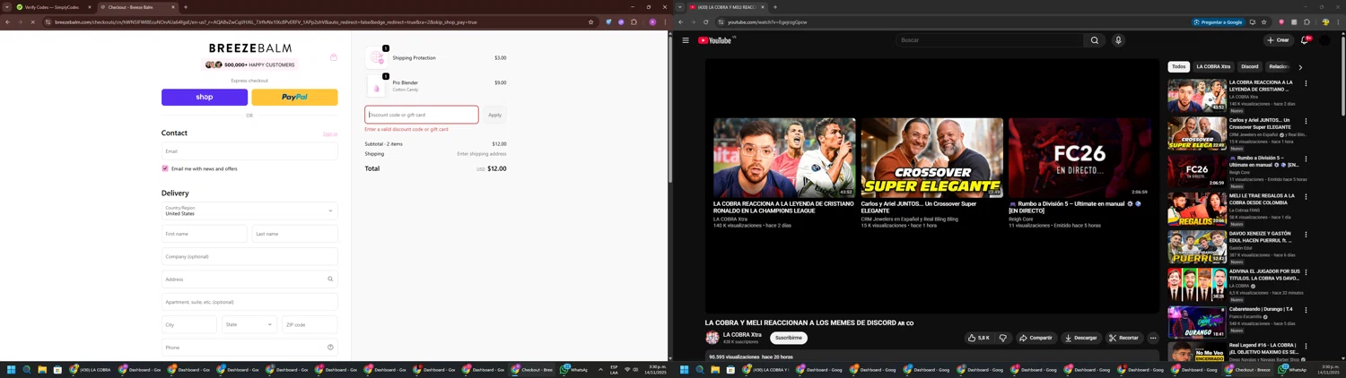 Breeze Balm discount code screenshot showing code BBREVIEW applied at Breeze Balm checkout page. Uploaded by SimplyCodes community member RoyalSentinel4577 on Nov 14, 2025