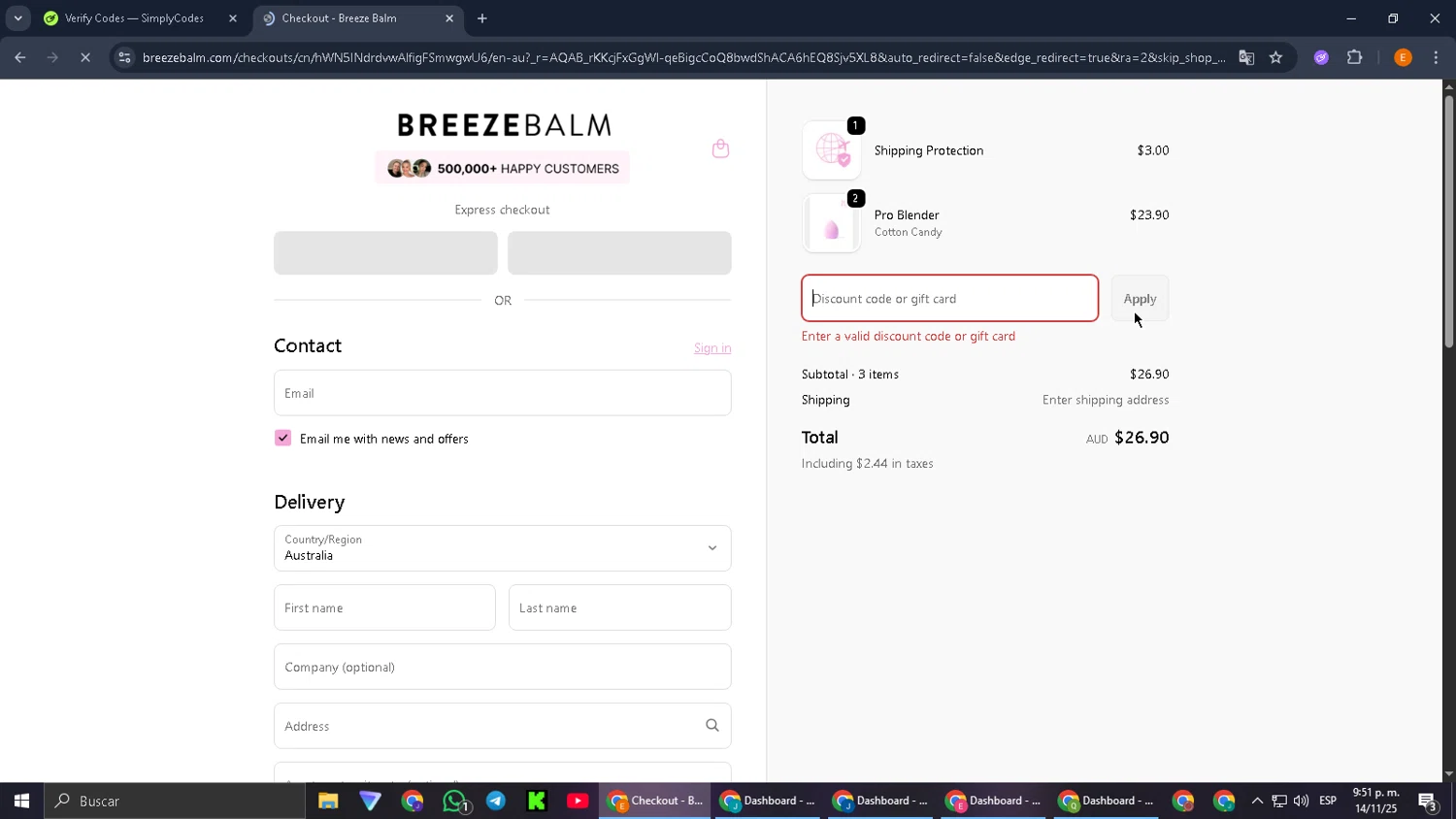 Breeze Balm discount code screenshot showing code BBREVIEW applied at Breeze Balm checkout page. Uploaded by SimplyCodes community member jorgeyahoo on Nov 14, 2025
