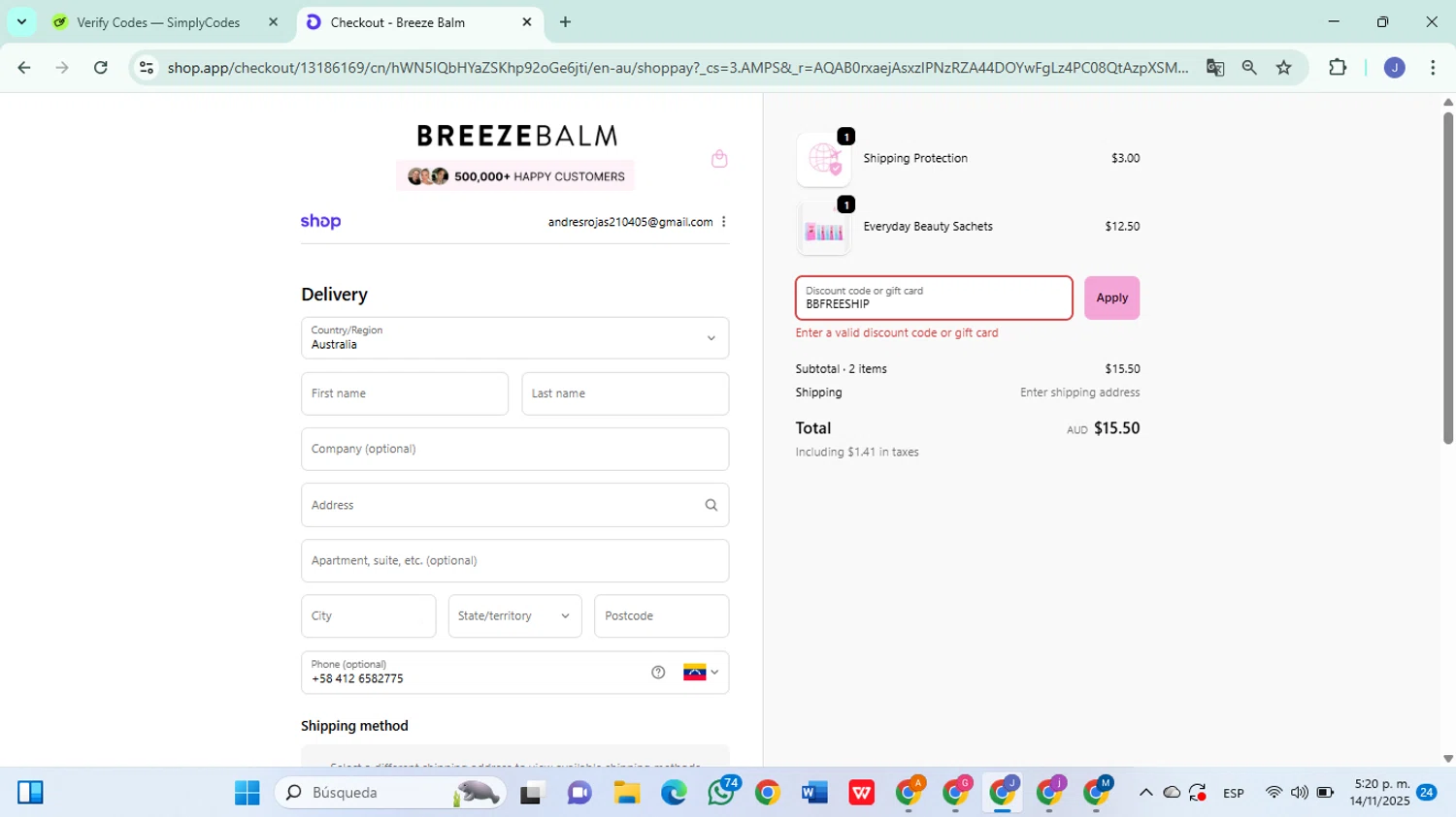 Breeze Balm discount code screenshot showing code BBFREESHIP applied at Breeze Balm checkout page. Uploaded by SimplyCodes community member DiscountSleuth6807 on Nov 14, 2025