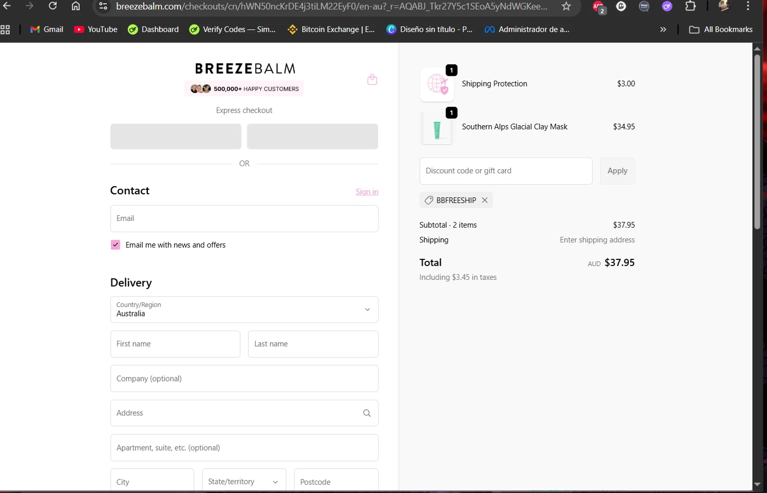 Breeze Balm checkout page showing Breeze Balm discount code box | Screenshot taken by SimplyCodes community member on Nov 7, 2025