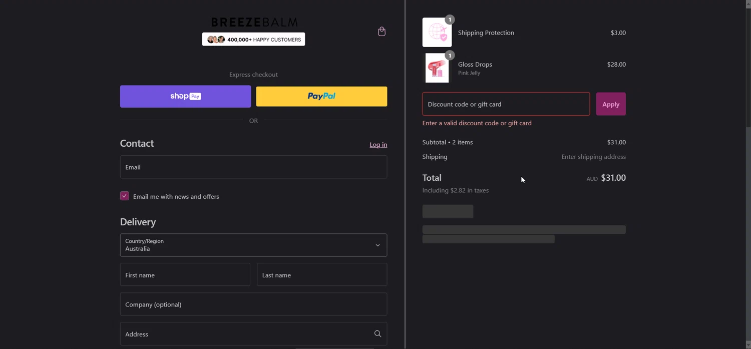 Breeze Balm discount code screenshot showing code BF114202 applied at Breeze Balm checkout page. Uploaded by SimplyCodes community member VicenteEmilioSojo on Jan 16, 2025