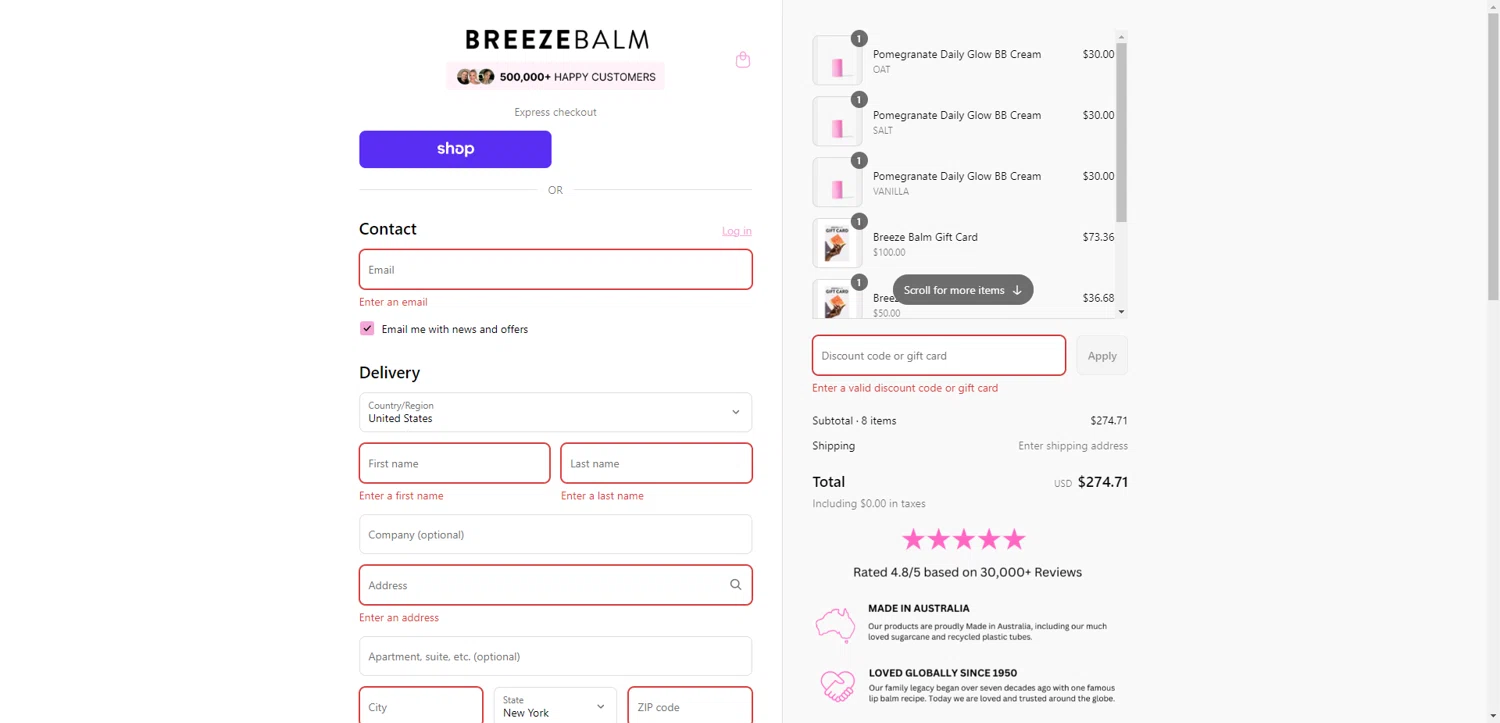 Breeze Balm discount code screenshot showing code THANKYOU10 applied at Breeze Balm checkout page. Uploaded by SimplyCodes community member EpicEagle816 on Aug 30, 2025