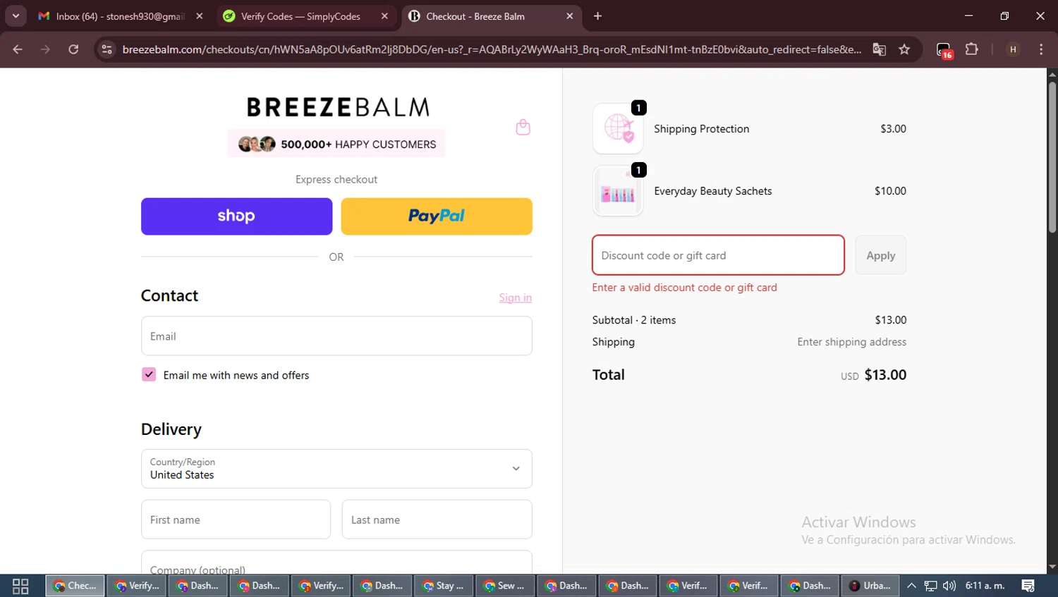 Breeze Balm discount code screenshot showing code THANKYOU10 applied at Breeze Balm checkout page. Uploaded by SimplyCodes community member VictoriousPioneer8823 on Nov 22, 2025