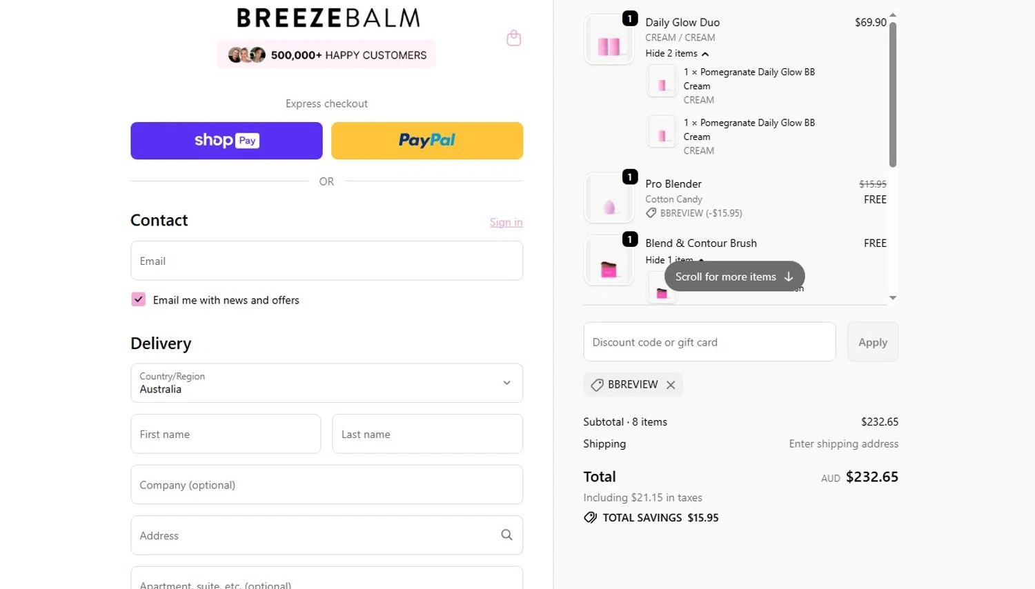 Breeze Balm discount code screenshot showing code BBREVIEW applied at Breeze Balm checkout page. Uploaded by SimplyCodes community member angelfigueroa2008 on Jan 6, 2026