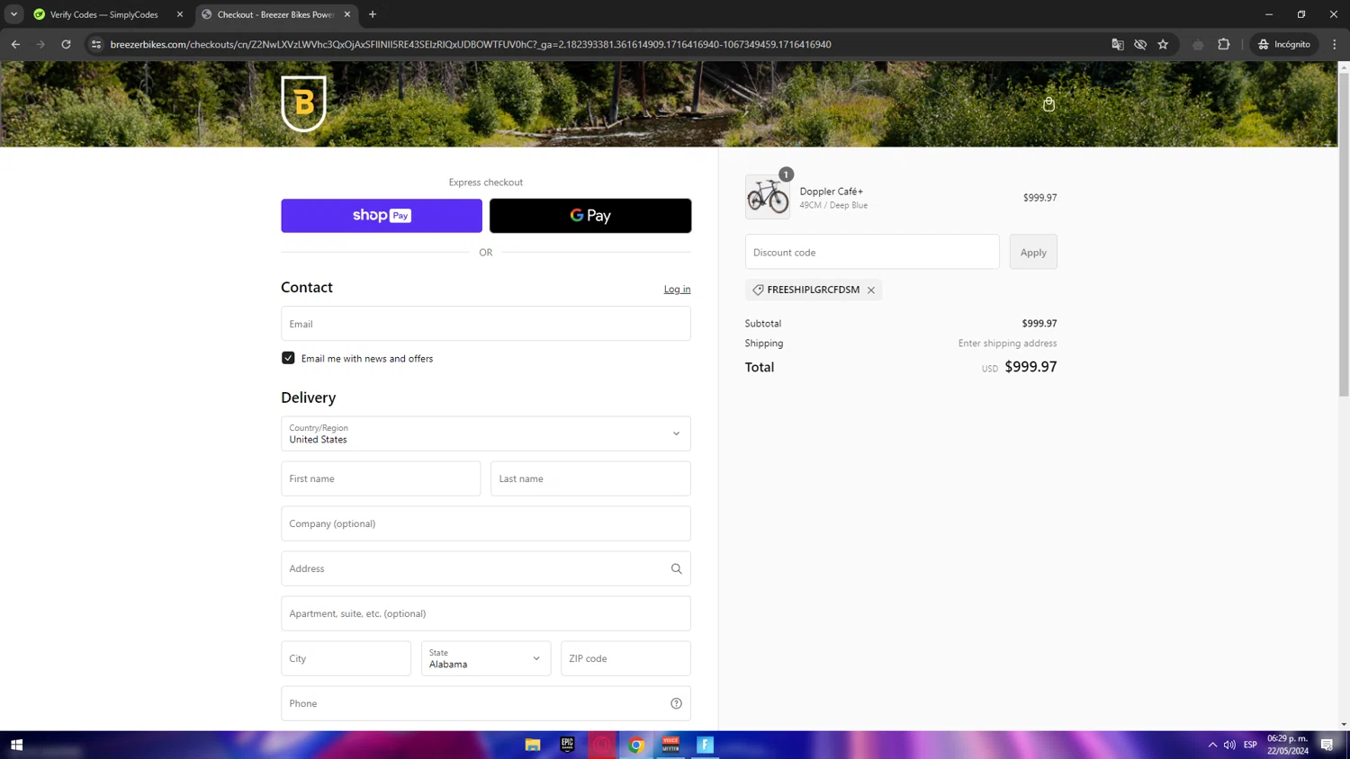 Breezer Bikes checkout page showing Breezer Bikes promo code box | Screenshot taken by SimplyCodes community member on May 22, 2024
