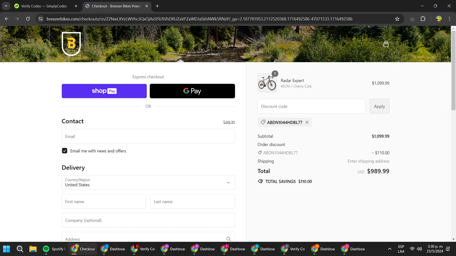 Breezer Bikes checkout page showing Breezer Bikes promo code box | Screenshot taken by SimplyCodes community member on May 23, 2024