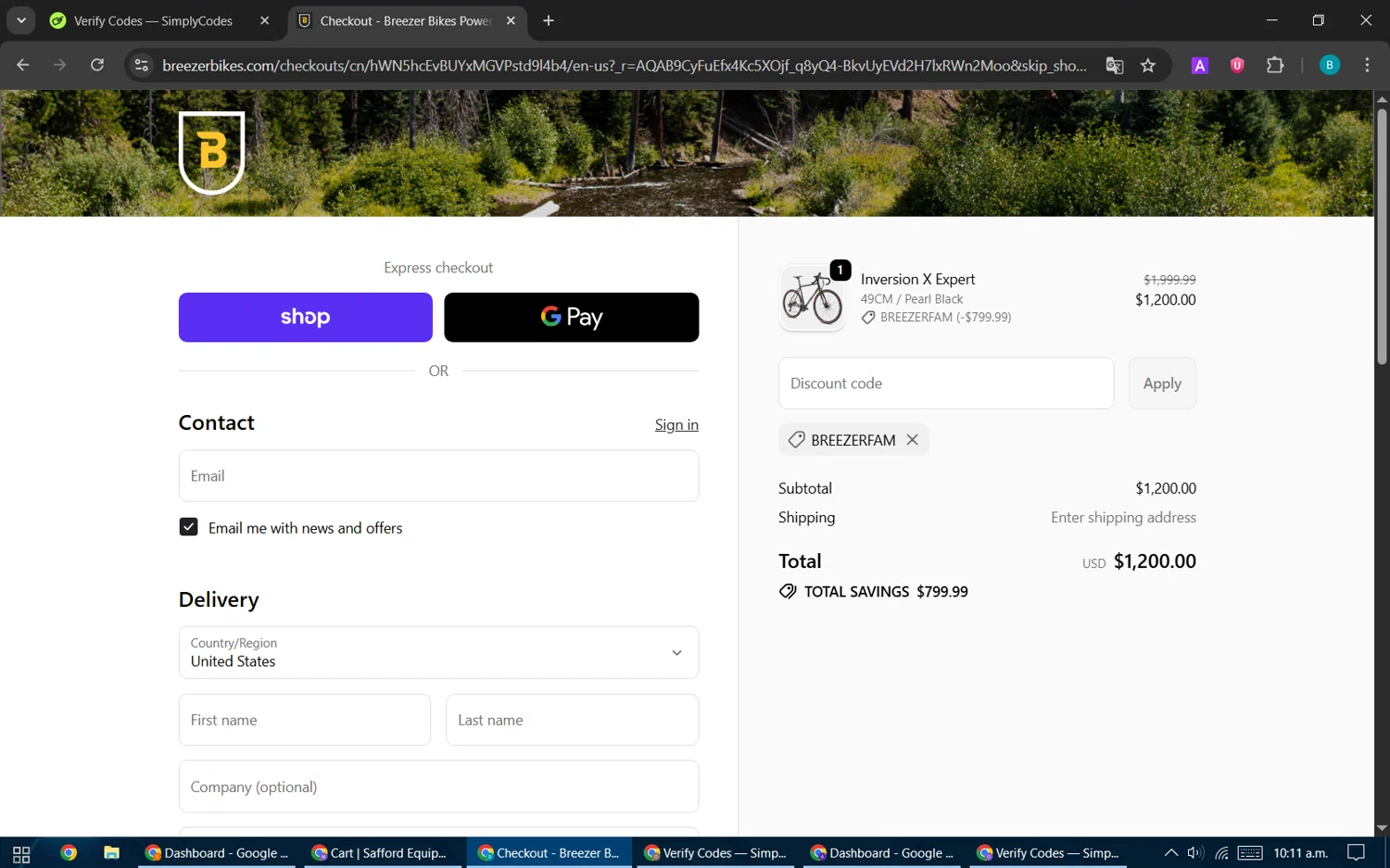 Breezer Bikes promo code screenshot showing code BREEZERFAM applied at Breezer Bikes checkout page. Uploaded by SimplyCodes community member CleverPilot5845 on Nov 25, 2025