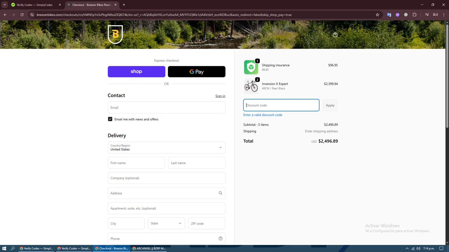 Breezer Bikes promo code screenshot showing code BREEZERFAM applied at Breezer Bikes checkout page. Uploaded by SimplyCodes community member CraazyTroll123 on Nov 28, 2025