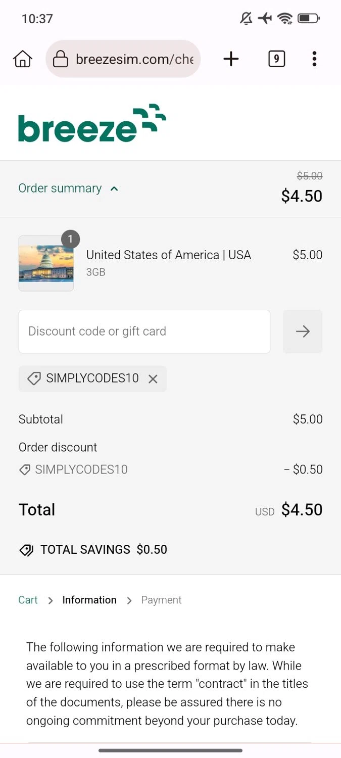 Breeze eSIM discount code screenshot showing code SIMPLYCODES10 applied at Breeze eSIM checkout page. Uploaded by SimplyCodes community member Juan_collug on Jan 17, 2025