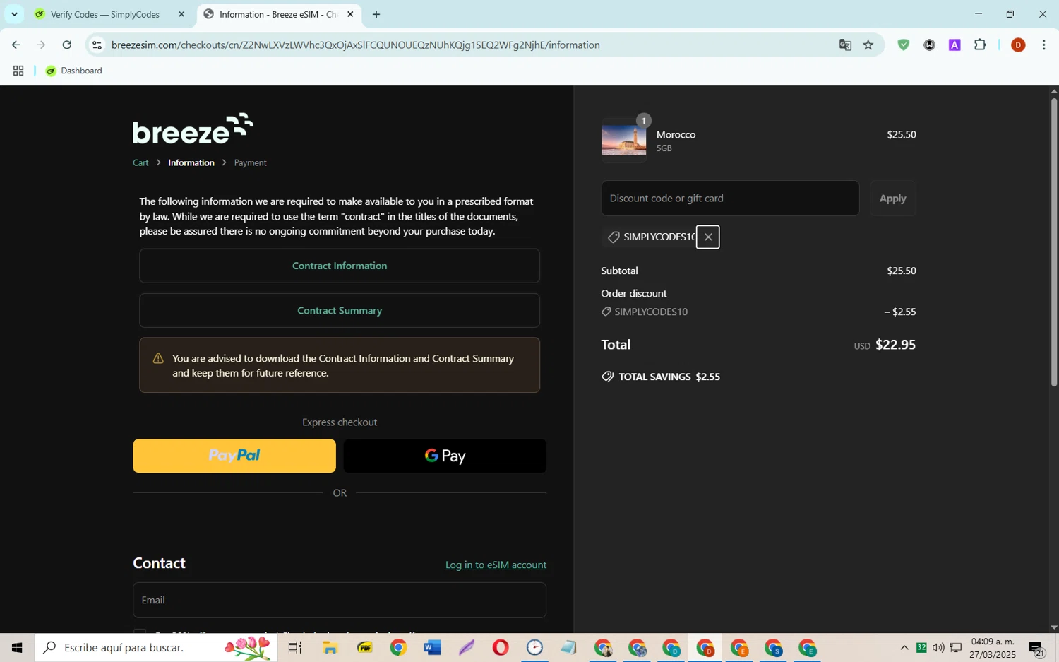 Breeze eSIM discount code screenshot showing code SIMPLYCODES10 applied at Breeze eSIM checkout page. Uploaded by SimplyCodes community member SaleSaver3540 on Mar 27, 2025