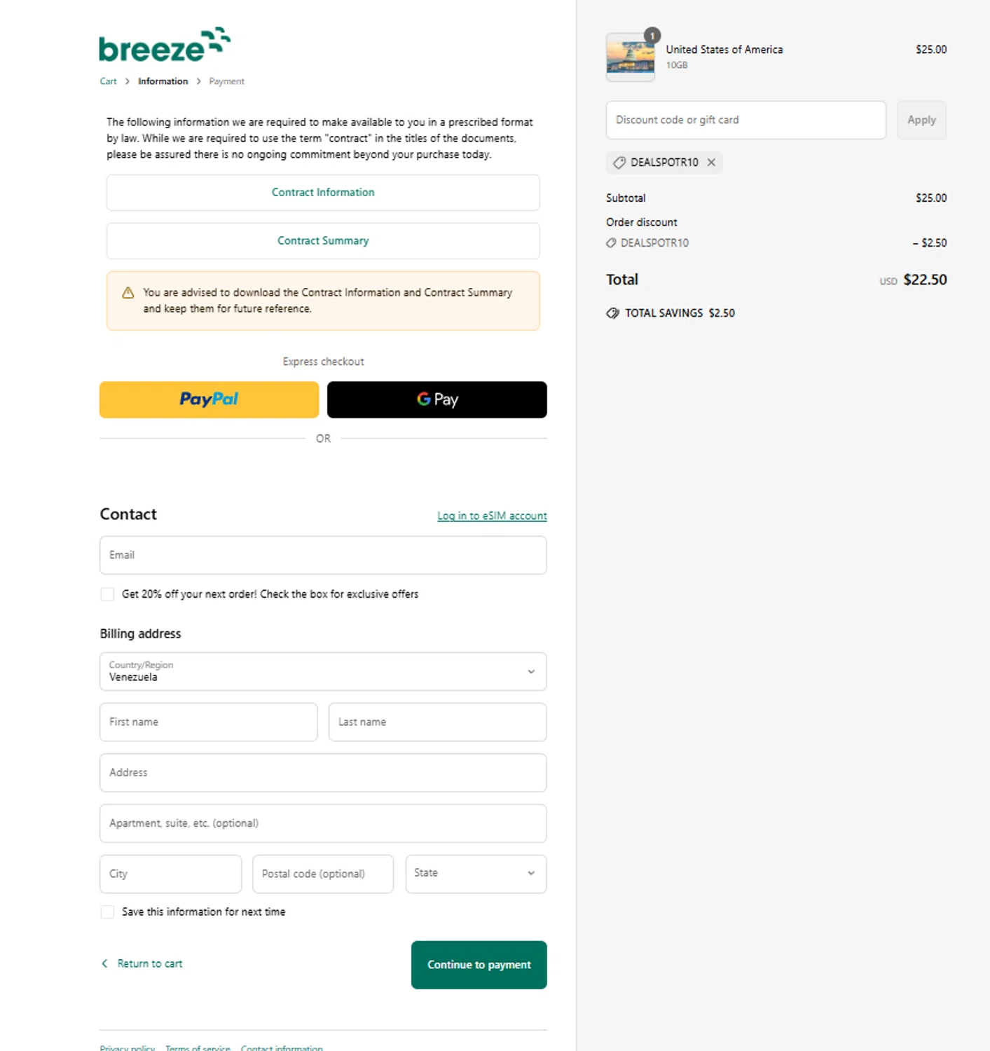 Breeze eSIM discount code screenshot showing code DEALSPOTR10 applied at Breeze eSIM checkout page. Uploaded by SimplyCodes community member ElonMusk on Mar 17, 2025