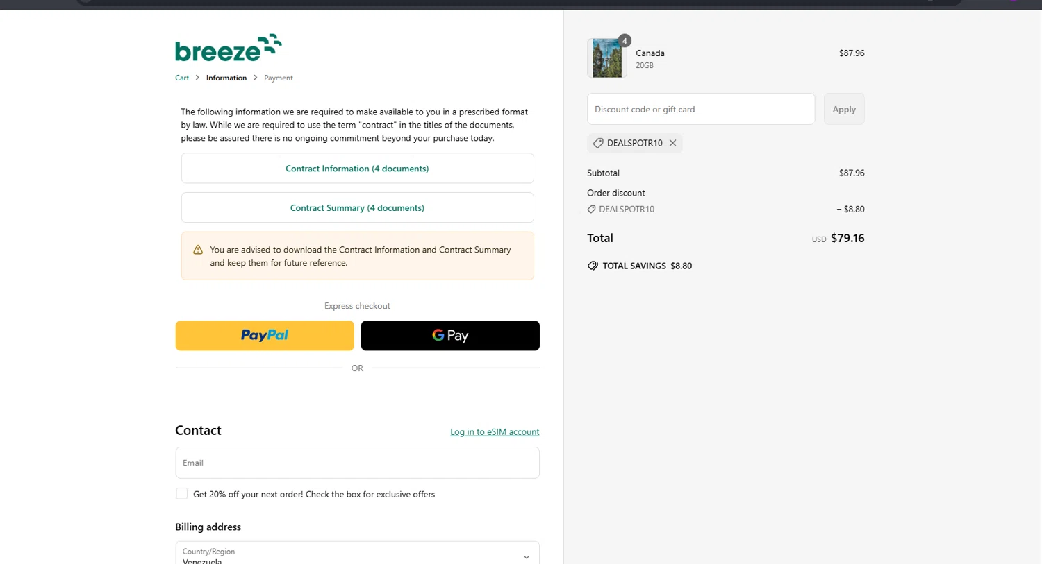 Breeze eSIM discount code screenshot showing code DEALSPOTR10 applied at Breeze eSIM checkout page. Uploaded by SimplyCodes community member arimakouse on Mar 17, 2025