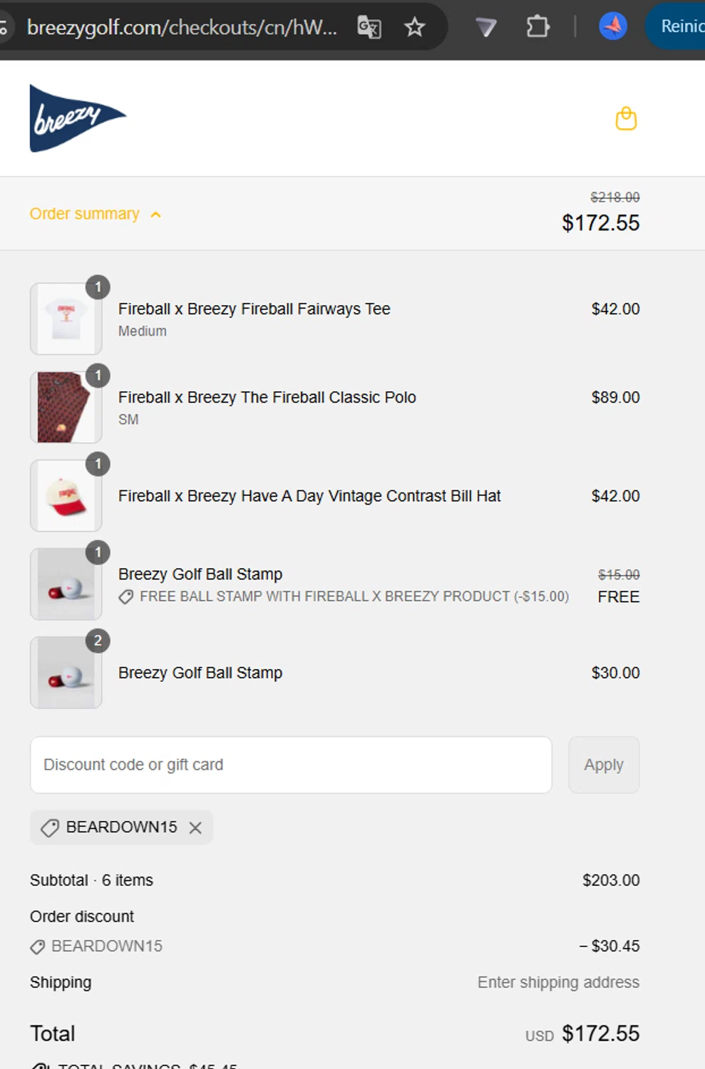 Breezy Golf discount code screenshot showing code BEARDOWN15 applied at Breezy Golf checkout page. Uploaded by SimplyCodes community member LaCalix3000 on Jul 27, 2025