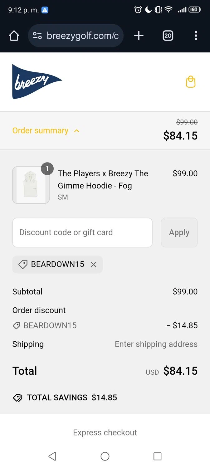 Breezy Golf discount code screenshot showing code BEARDOWN15 applied at Breezy Golf checkout page. Uploaded by SimplyCodes community member Narutooooo on Mar 6, 2025