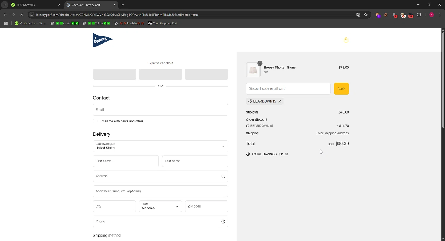 Breezy Golf discount code screenshot showing code BEARDOWN15 applied at Breezy Golf checkout page. Uploaded by SimplyCodes community member RewardMaverick6941 on Jun 18, 2025
