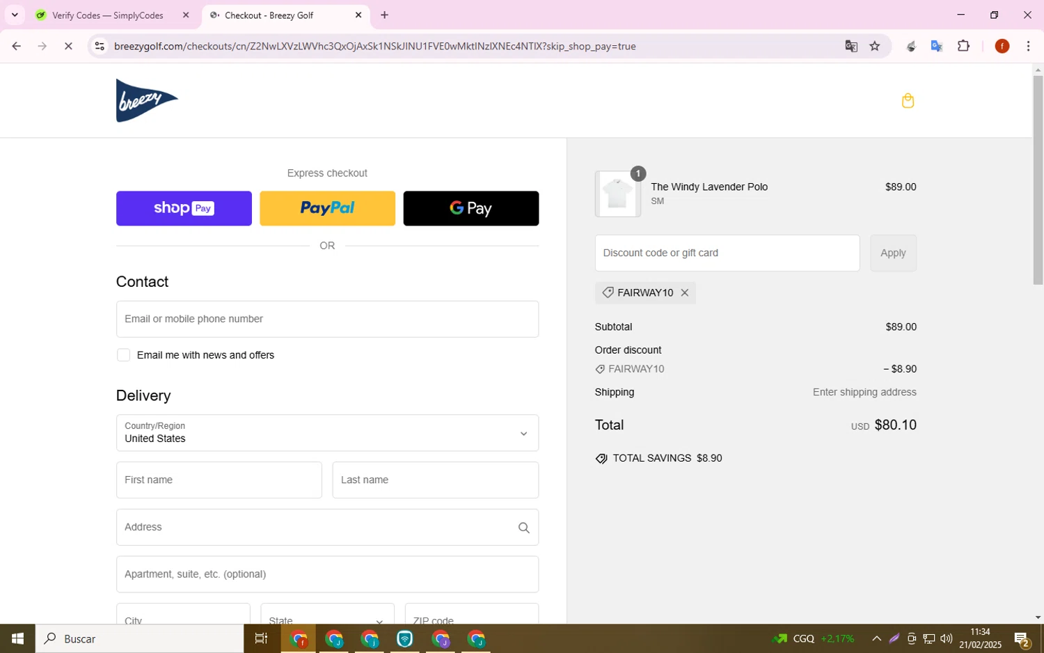 Breezy Golf discount code screenshot showing code FAIRWAY10 applied at Breezy Golf checkout page. Uploaded by SimplyCodes community member Collug on Feb 21, 2025