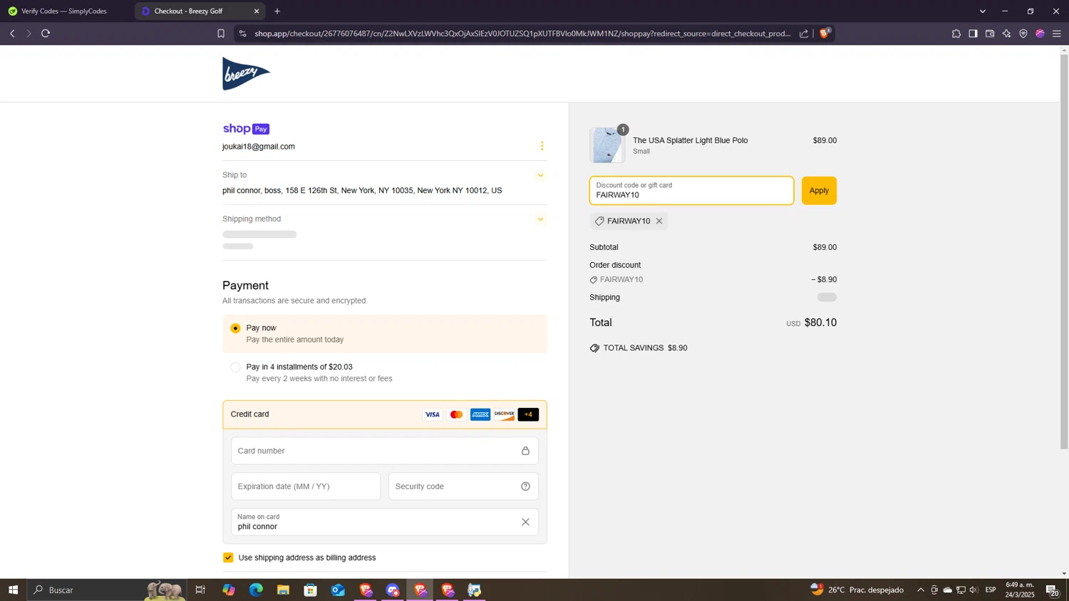 Breezy Golf discount code screenshot showing code FAIRWAY10 applied at Breezy Golf checkout page. Uploaded by SimplyCodes community member Despechao on Mar 24, 2025