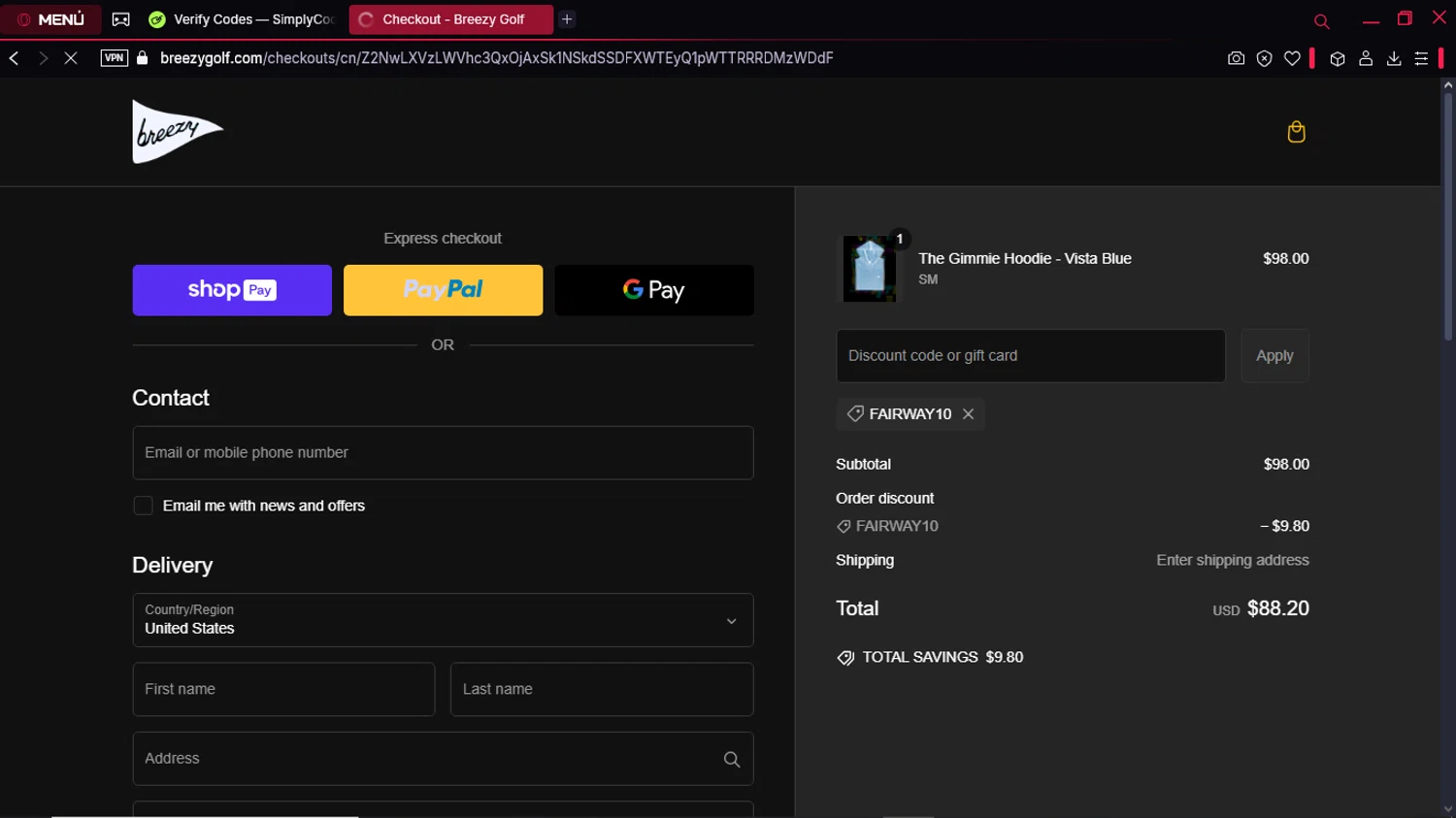 Breezy Golf discount code screenshot showing code FAIRWAY10 applied at Breezy Golf checkout page. Uploaded by SimplyCodes community member Formama on Feb 21, 2025