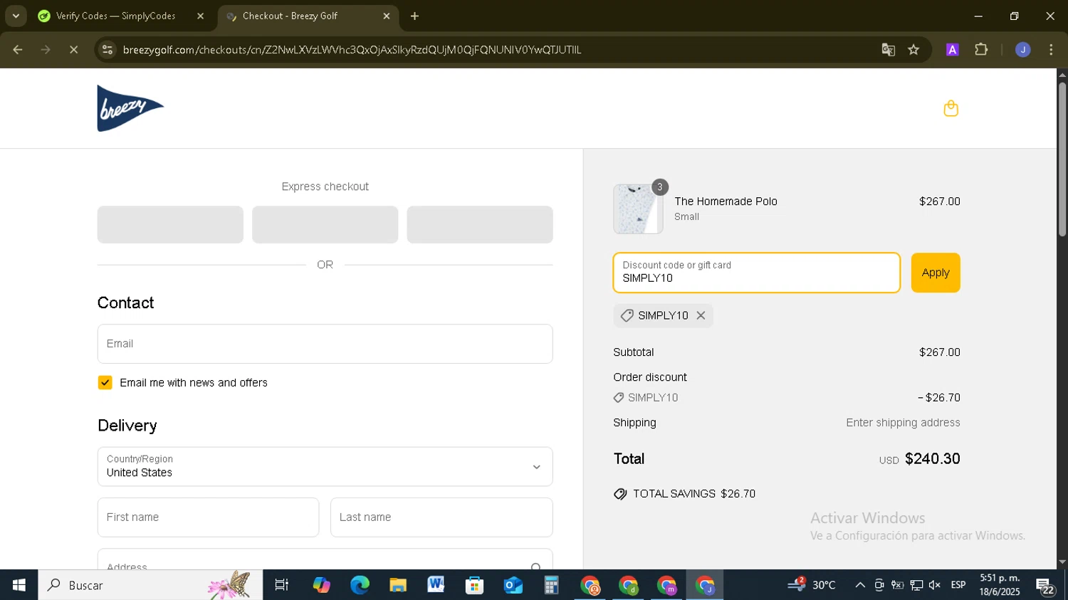 Breezy Golf discount code screenshot showing code SIMPLY10 applied at Breezy Golf checkout page. Uploaded by SimplyCodes community member EpicSage3474 on Jun 18, 2025