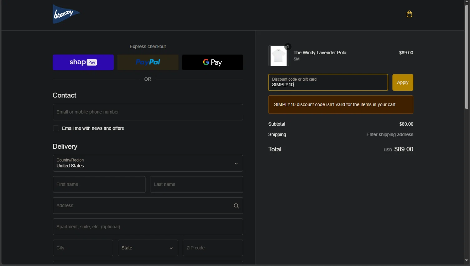 Breezy Golf discount code screenshot showing code SIMPLY10 applied at Breezy Golf checkout page. Uploaded by SimplyCodes community member CodeRanger4147 on Feb 23, 2025