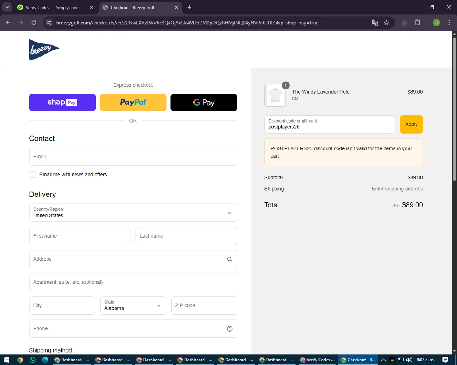 Breezy Golf discount code screenshot showing code postplayers25 applied at Breezy Golf checkout page. Uploaded by SimplyCodes community member LilBaby on May 27, 2025