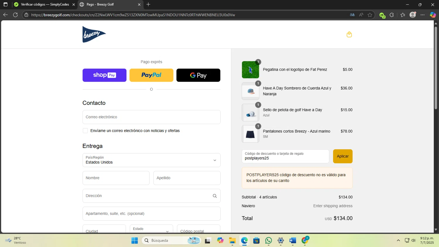 Breezy Golf discount code screenshot showing code postplayers25 applied at Breezy Golf checkout page. Uploaded by SimplyCodes community member mathiasmadonadogoiti on Jul 8, 2025