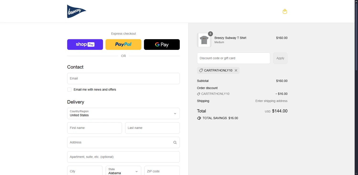 Breezy Golf discount code screenshot showing code CARTPATHONLY10 applied at Breezy Golf checkout page. Uploaded by SimplyCodes community member Serdanvz on Aug 16, 2025