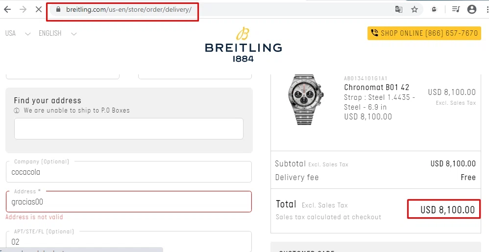 Breitling checkout page showing Breitling promo code box | Screenshot taken by SimplyCodes community member on Jun 4, 2020