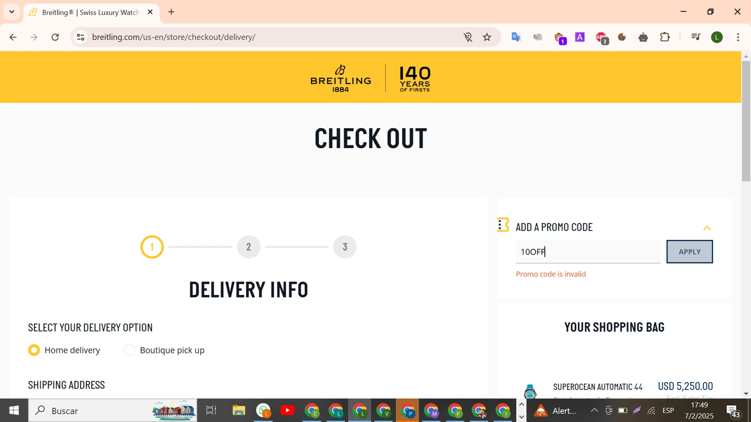 Breitling promo code screenshot showing code 10OFF applied at Breitling checkout page. Uploaded by SimplyCodes community member SavvySeeker4827 on Feb 7, 2025
