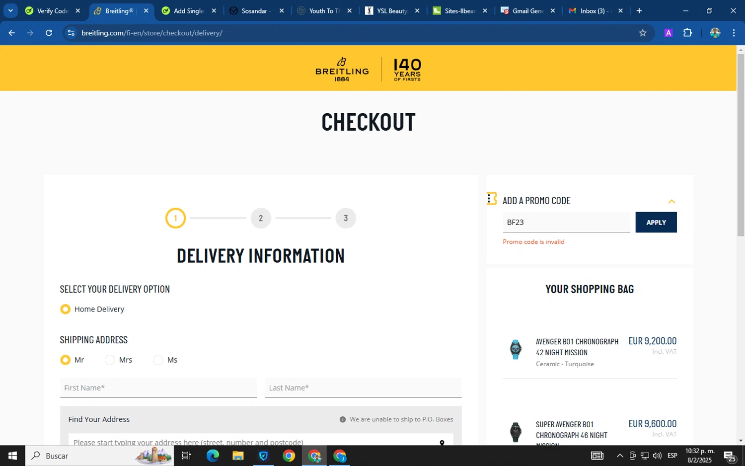 Breitling promo code screenshot showing code BF23 applied at Breitling checkout page. Uploaded by SimplyCodes community member helicoide on Feb 9, 2025