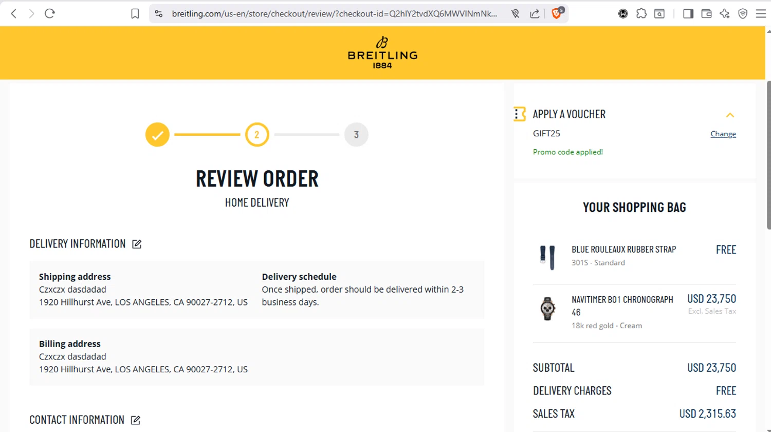 Breitling promo code screenshot showing code GIFT25 applied at Breitling checkout page. Uploaded by SimplyCodes community member dayselis15 on Dec 19, 2025
