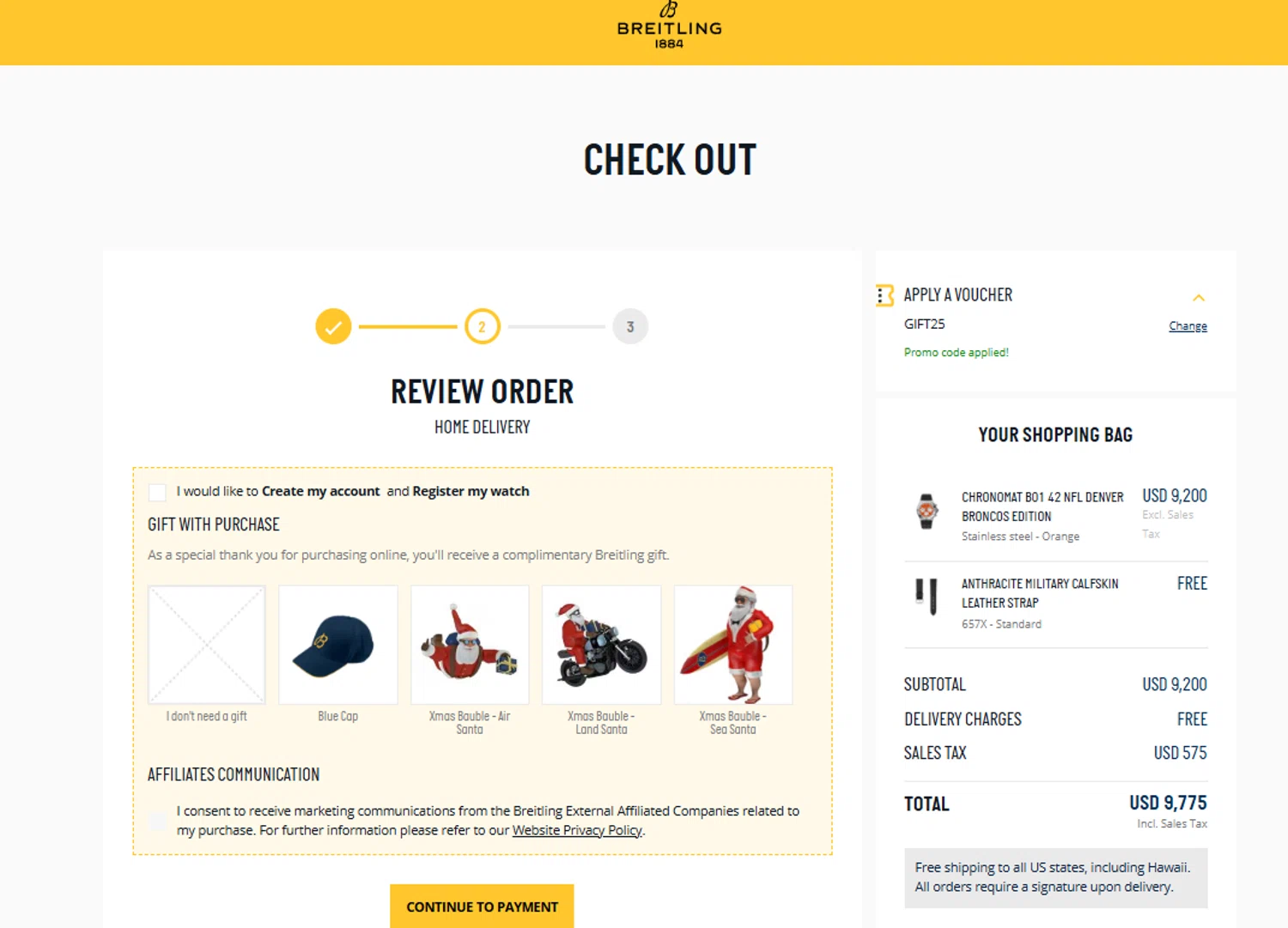 Breitling promo code screenshot showing code GIFT25 applied at Breitling checkout page. Uploaded by SimplyCodes community member jesspea on Dec 19, 2025