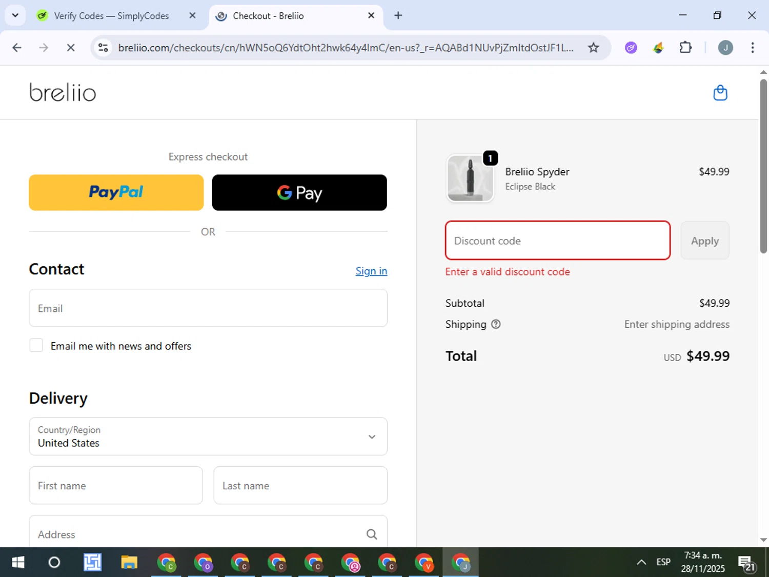 Breliio discount code screenshot showing code ZUODU40 applied at Breliio checkout page. Uploaded by SimplyCodes community member ValueTracker8384 on Nov 28, 2025