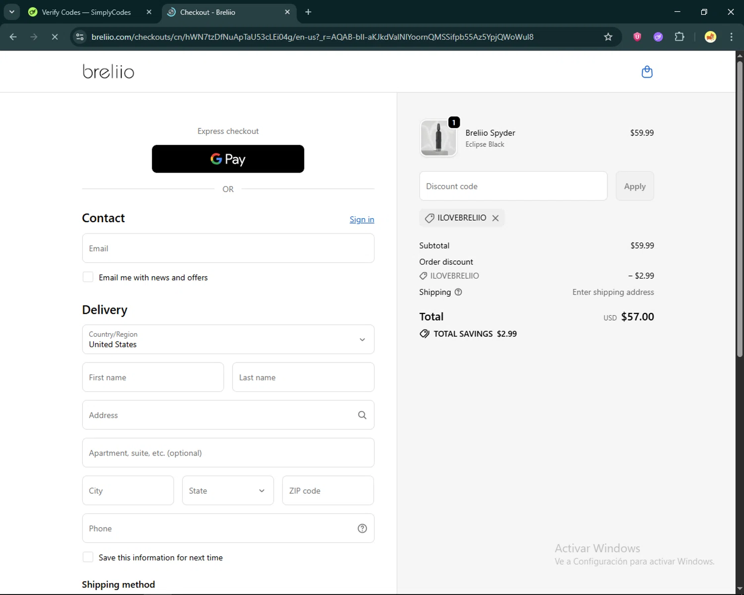 Breliio checkout page showing Breliio discount code box | Screenshot taken by SimplyCodes community member on Jan 22, 2026