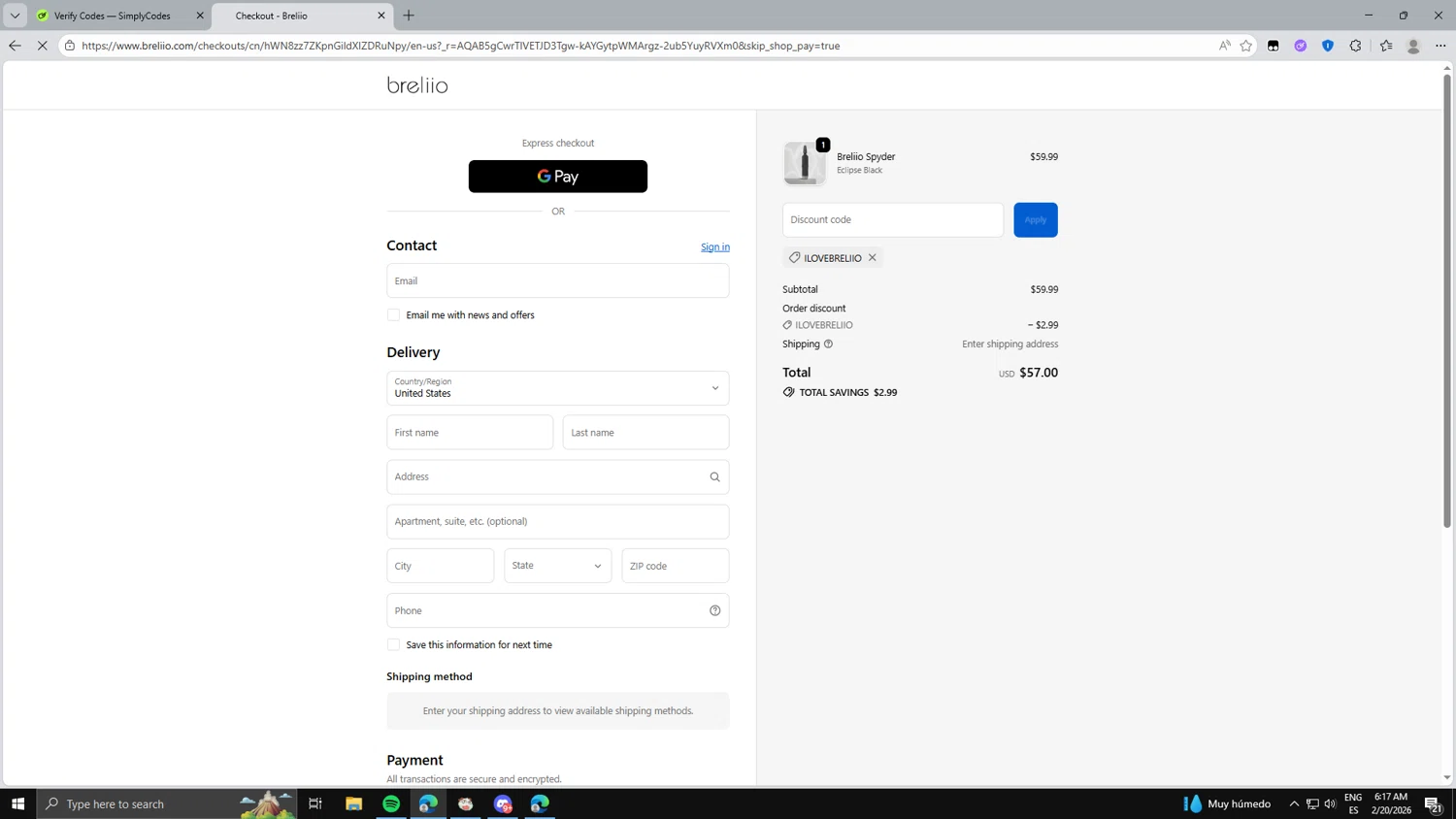 Breliio checkout page showing Breliio discount code box | Screenshot taken by SimplyCodes community member on Feb 20, 2026