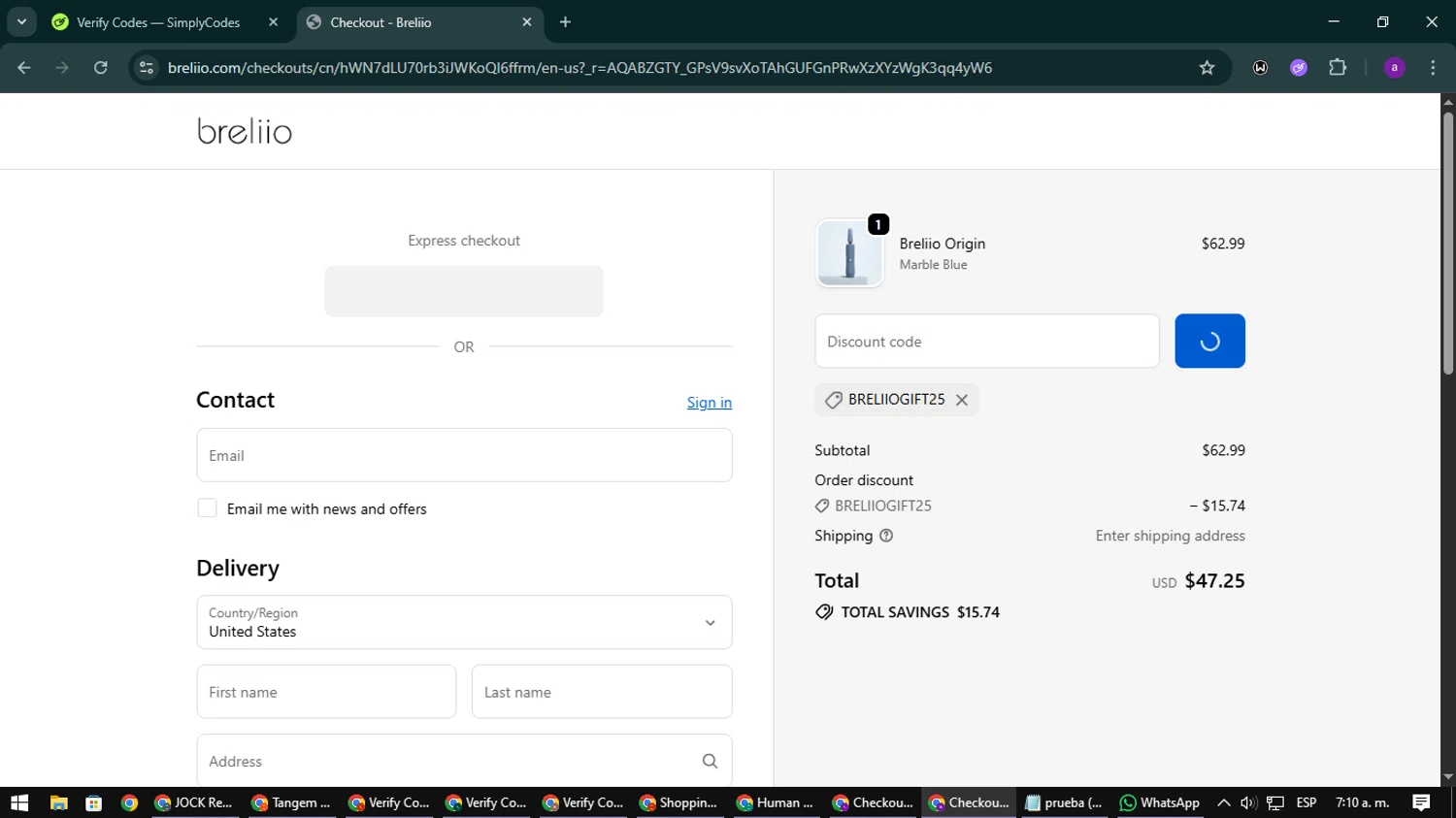 Breliio discount code screenshot showing code BRELIIOGIFT25 applied at Breliio checkout page. Uploaded by SimplyCodes community member CoinElite8997 on Jan 15, 2026