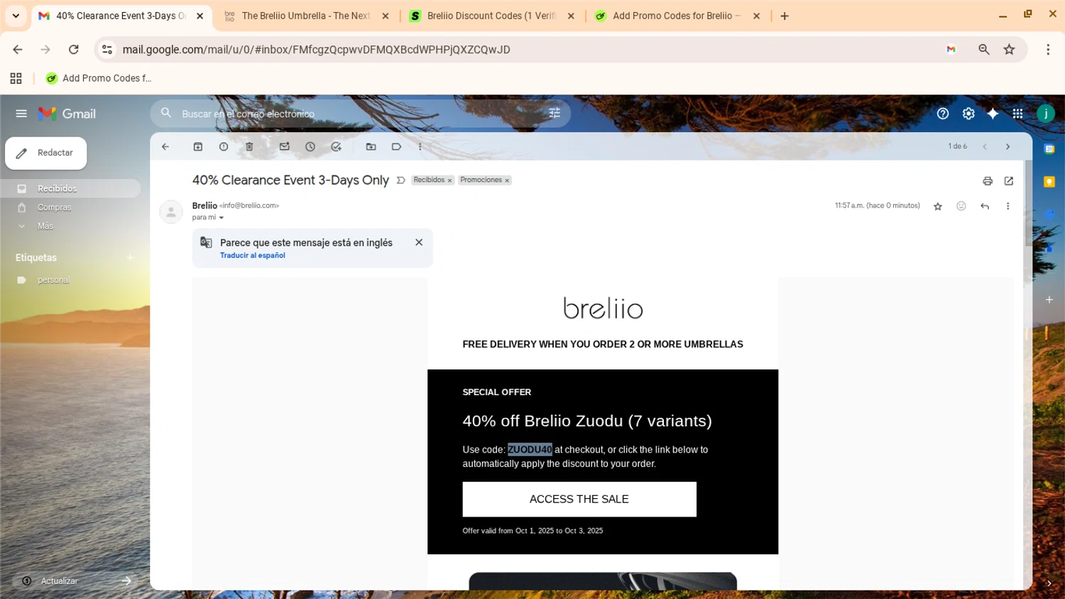 Breliio discount code screenshot showing code ZUODU40 applied at Breliio checkout page. Uploaded by SimplyCodes community member yennifergonzalez on Oct 1, 2025