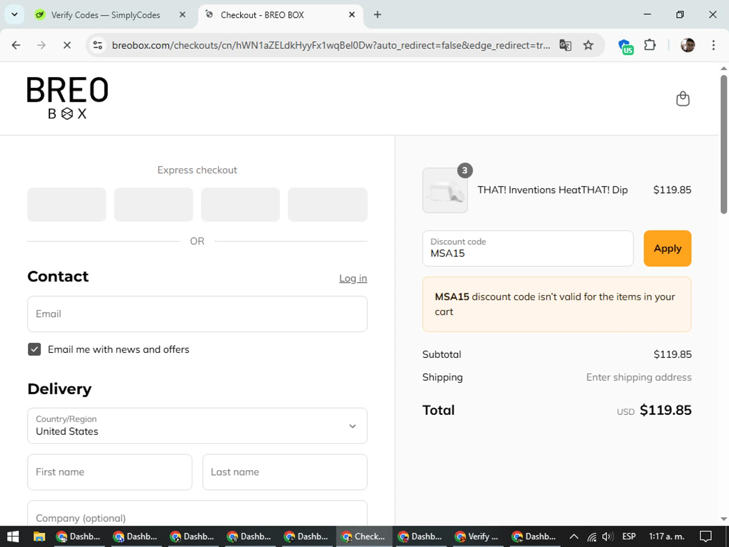 Breo Box promo code screenshot showing code MSA15 applied at Breo Box checkout page. Uploaded by SimplyCodes community member DiscountSeeker682 on Aug 9, 2025