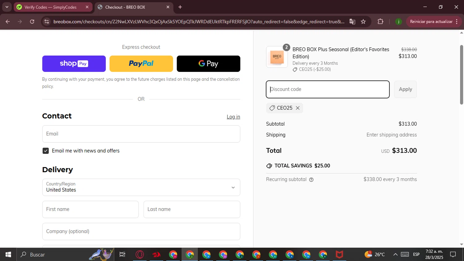 Breo Box promo code screenshot showing code CEO25 applied at Breo Box checkout page. Uploaded by SimplyCodes community member Ferrari on Mar 28, 2025