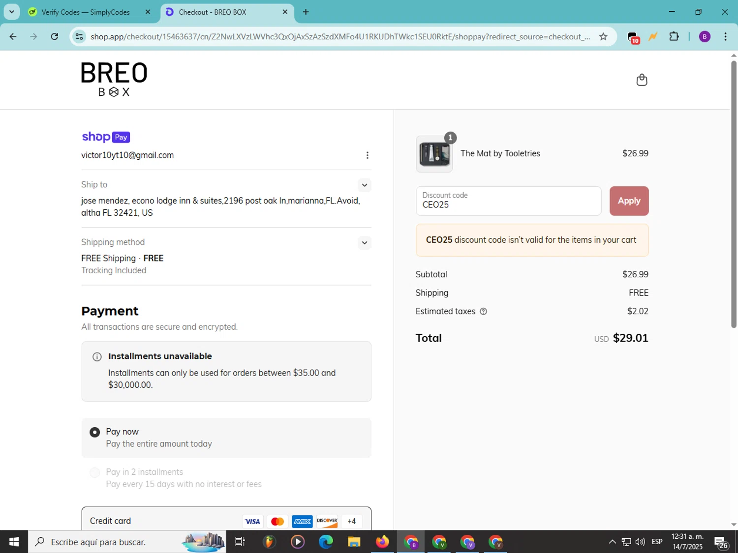 Breo Box promo code screenshot showing code CEO25 applied at Breo Box checkout page. Uploaded by SimplyCodes community member Soyvictor on Jul 14, 2025
