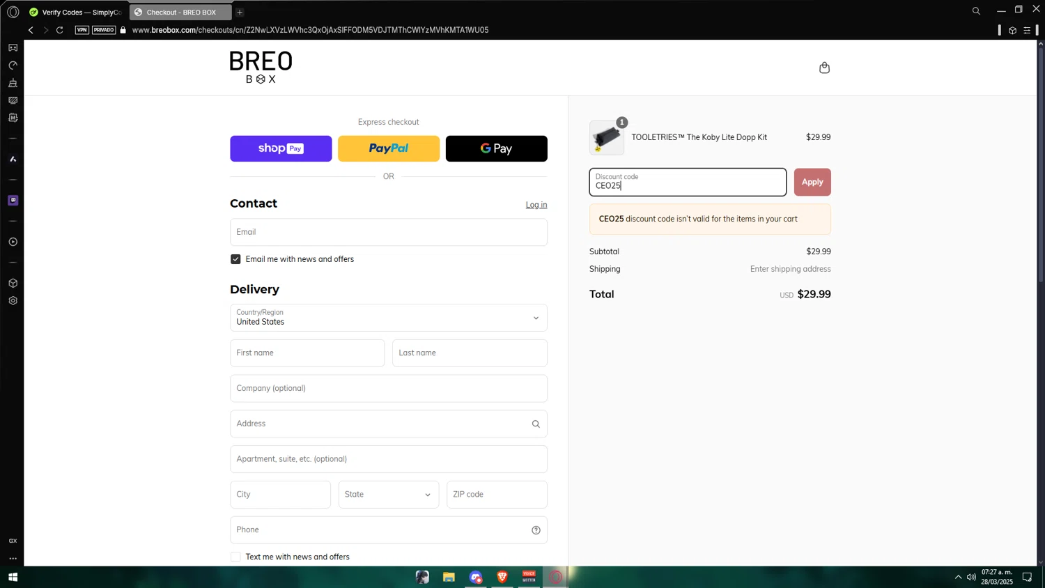 Breo Box promo code screenshot showing code CEO25 applied at Breo Box checkout page. Uploaded by SimplyCodes community member Vipera on Mar 28, 2025
