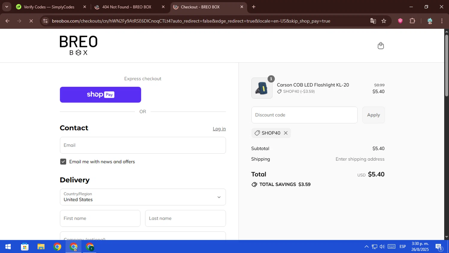 Breo Box promo code screenshot showing code SHOP40 applied at Breo Box checkout page. Uploaded by SimplyCodes community member ScanFalcon6148 on Aug 26, 2025
