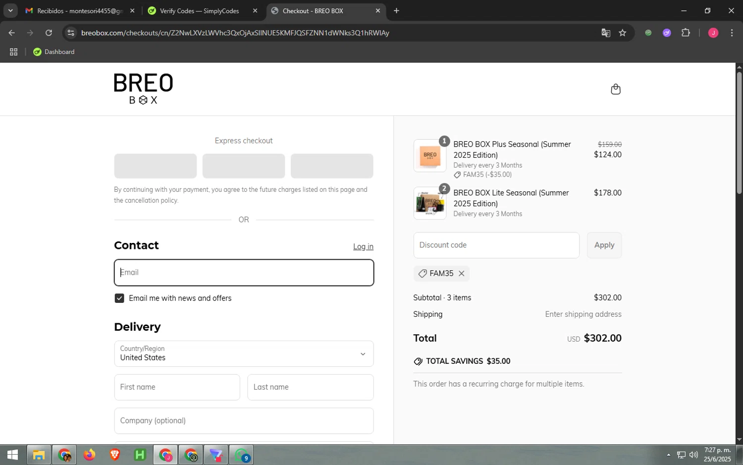 Breo Box promo code screenshot showing code FAM35 applied at Breo Box checkout page. Uploaded by SimplyCodes community member LuckyFalcon2907 on Jun 25, 2025
