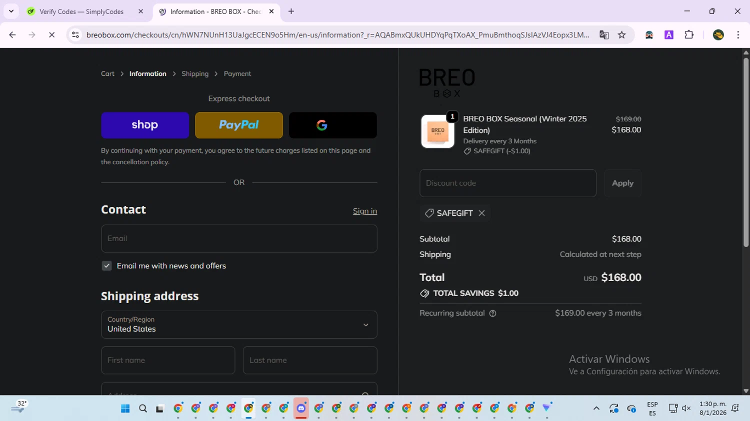 Breo Box promo code screenshot showing code SAFEGIFT applied at Breo Box checkout page. Uploaded by SimplyCodes community member RewardNavigator9728 on Jan 8, 2026